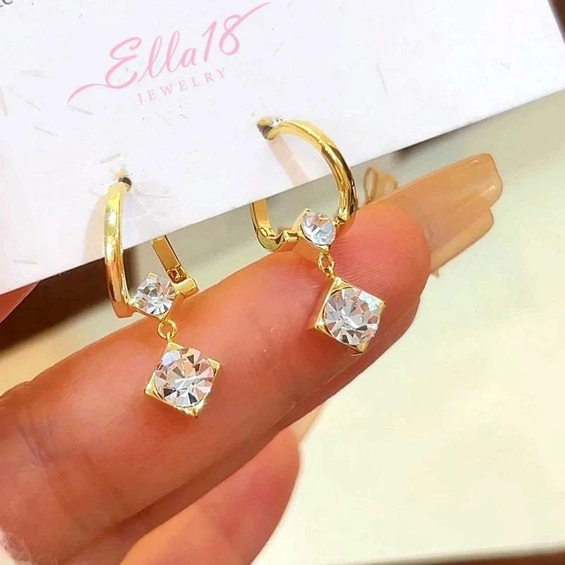 Ella18 Gold Cubic Zirconia Square Drop Huggie Hoop Earrings