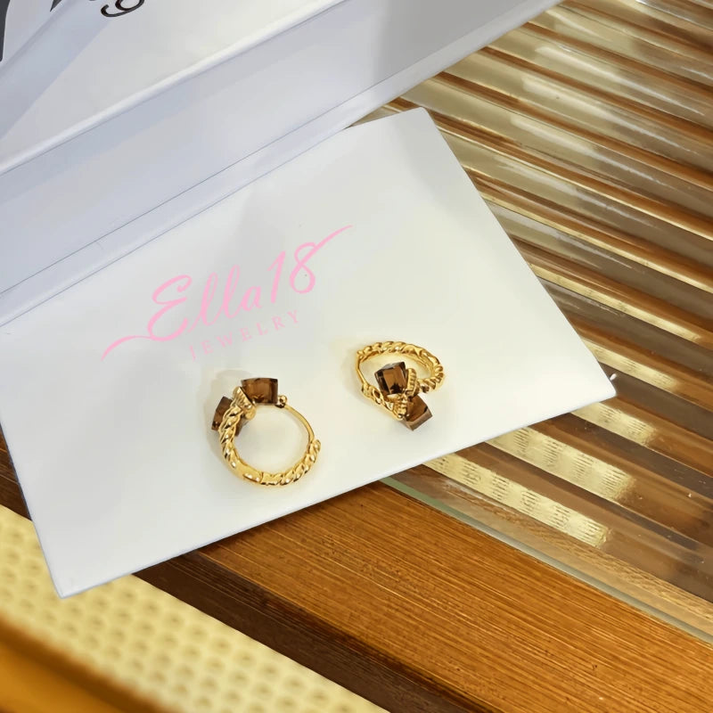 Ella18 Jewelry gold twisted hoop earrings with brown square gemstones