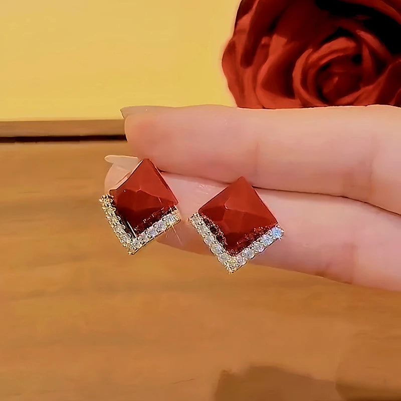 Close-up detail of the sparkling zircons and plating on the Red Zircon Studs