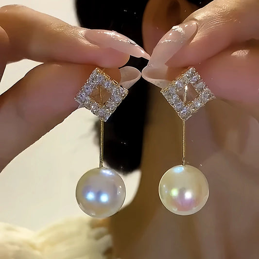 14K Gold-plated Two-Piece Square Diamond Pearl Earrings - elegant Square Pearl Earrings