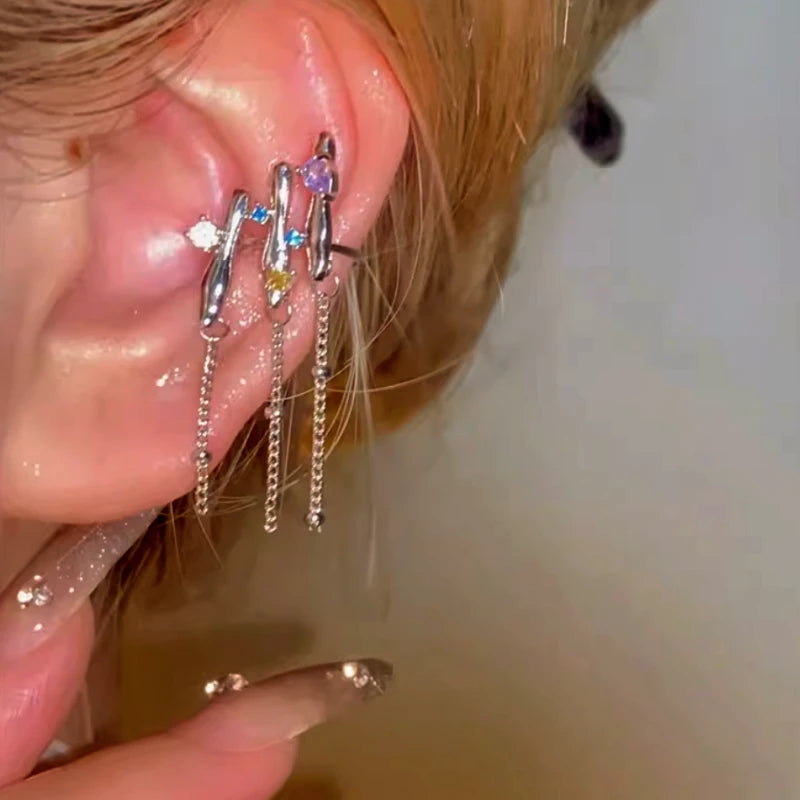 Close-up detail of the sparkling zircons and plating on the Crystal Tassel Ear Cuffs