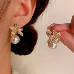 14K Gold-plated Zircon Leaf Pearl Earrings - elegant Golden Leaf Pearl