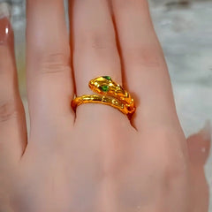 Emerald Eye Gold Snake Ring | 14K Gold Plated worn on the hand to show its beautiful fit and design