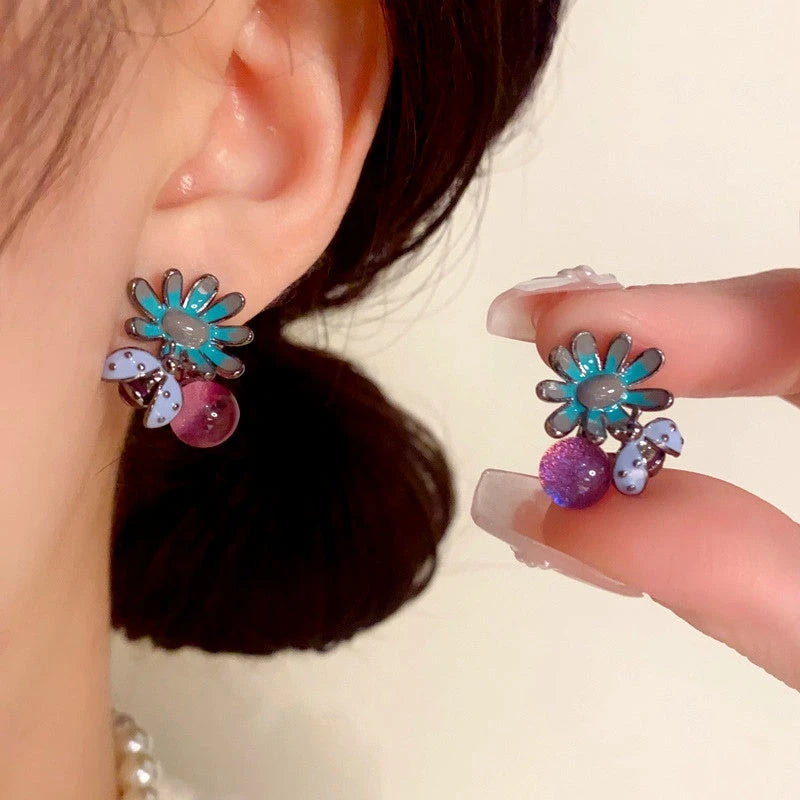 14K Gold Plated Bee Petal Flower Purple Bead Earrings - elegant gold flower earrings