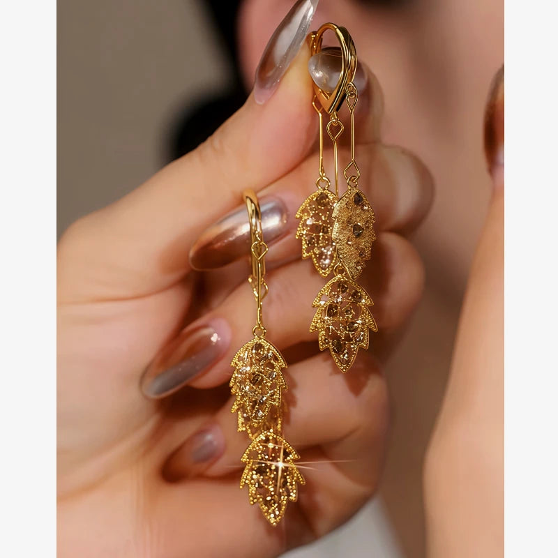 14K Gold Plated Brown Zircon Wheat Tassel Earrings - elegant gold tassel earrings