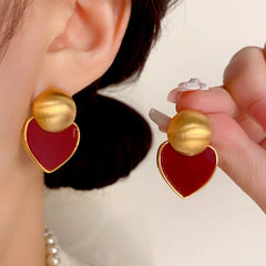 14K Gold Plated Brushed Red Plate Love Heart Earrings - elegant red heart earrings