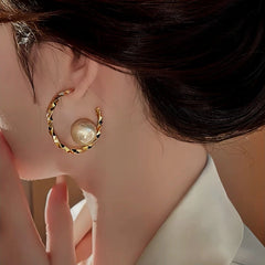 14K Gold Plated C-Shaped Twisted Pearl Earrings - elegant gold hoop earrings