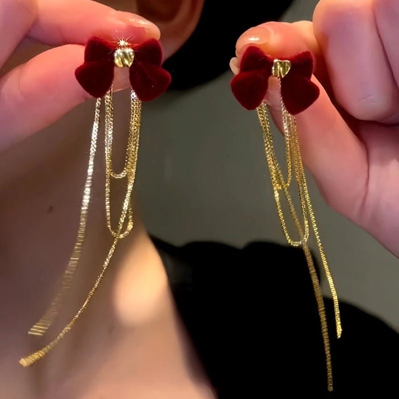 14K Gold Plated Christmas Bow Tassel Earrings - elegant christmas earrings