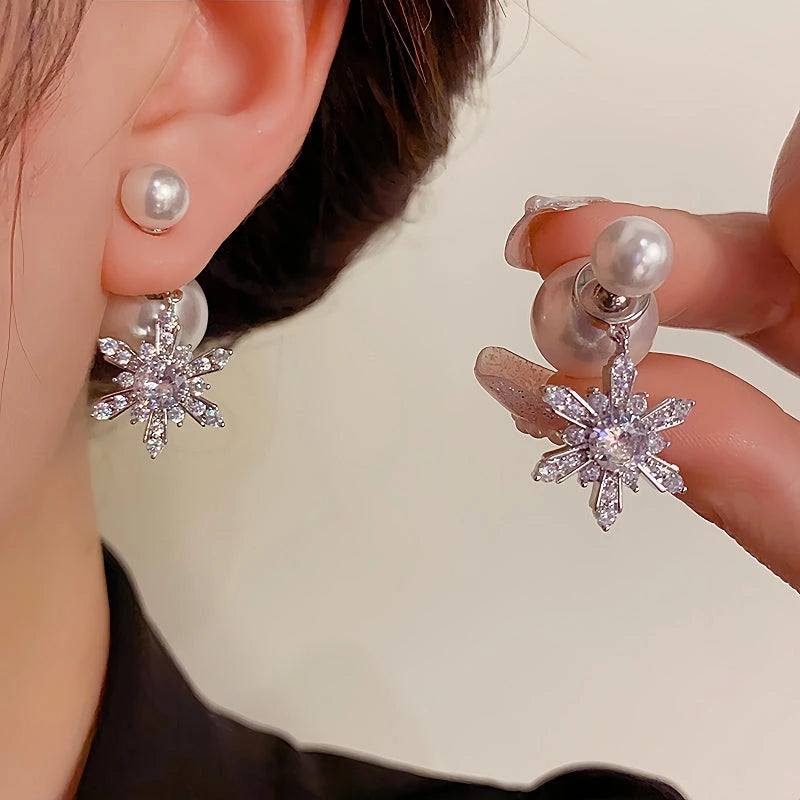 14K Gold Plated Christmas Pearl Snowflake Earrings - elegant snowflake earrings