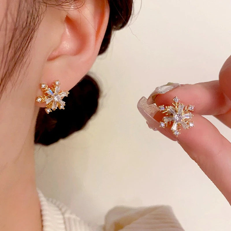 14K Gold Plated Christmas Rotation Snowflake Stud Earrings - elegant snowflake earrings