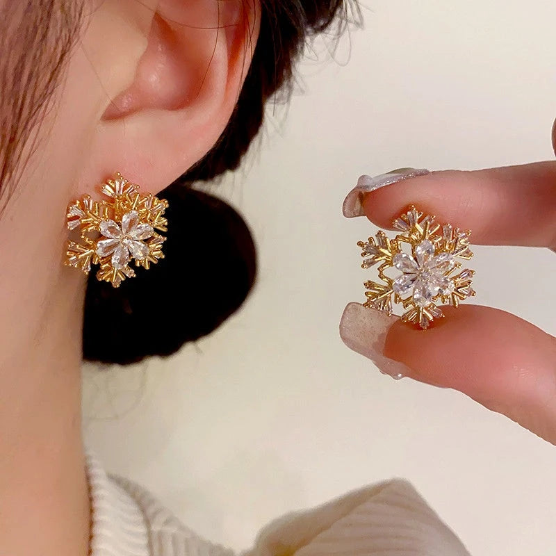 14K Gold Plated Christmas Zircon Rotation Snowflake Stud Earrings - elegant snowflake earrings