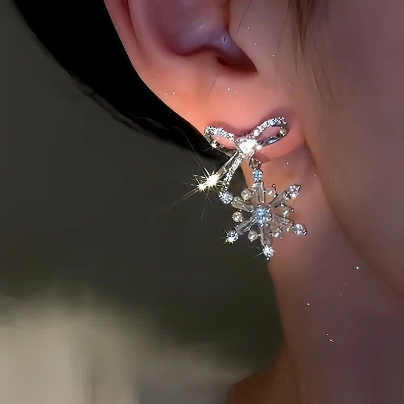Close-up detail of the sparkling zircons and plating on the christmas earrings