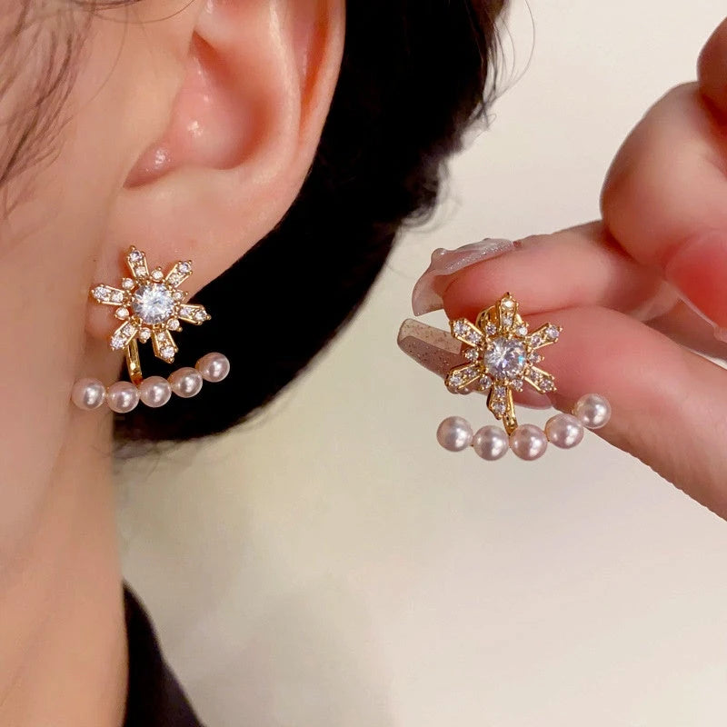 14K Gold Plated Christmas Zircon Snowflake Pearl Two-Piece Earrings - elegant snowflake earrings