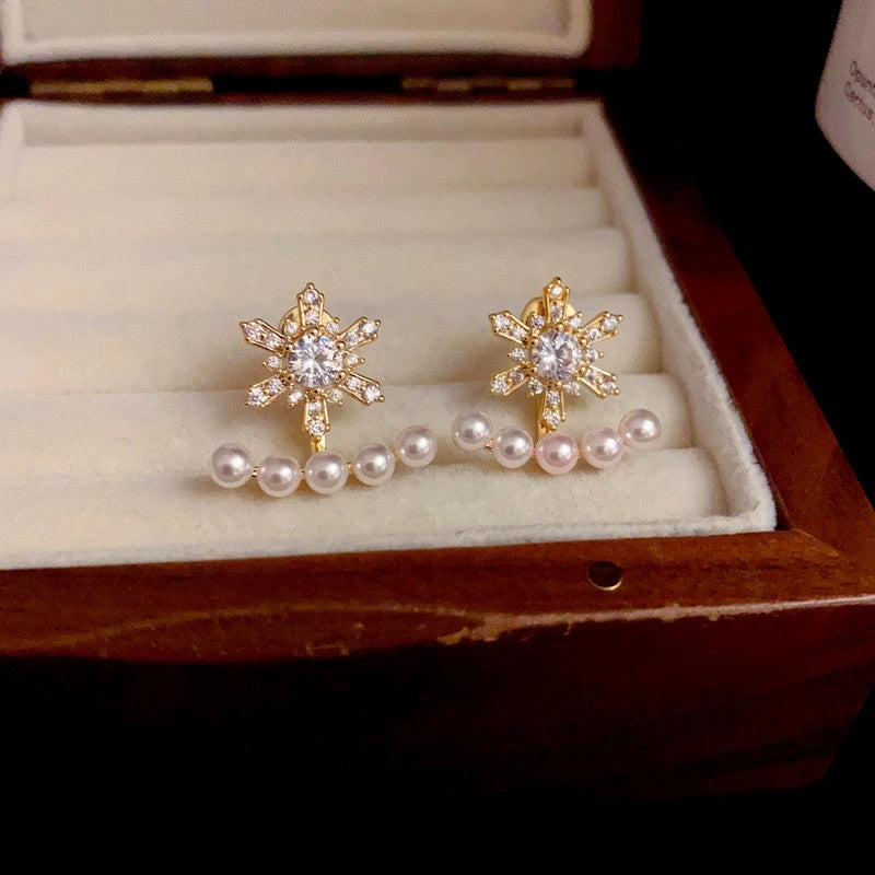 Close-up detail of the sparkling zircons and plating on the snowflake earrings