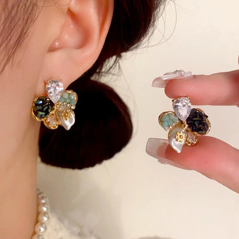 14K Gold Plated Colorful Diamond Flower Earrings - elegant gold flower earrings