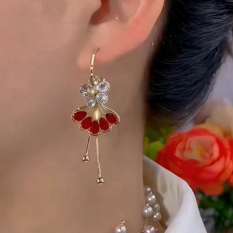 14K Gold Plated Diamond-Studded Ginkgo Flower Earrings - elegant gold leaf earrings