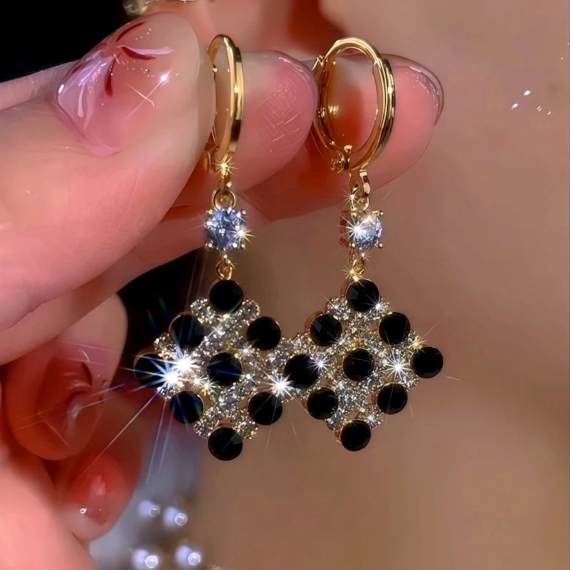 14K Gold Plated Diamond Black And White Water Drop Earrings - elegant gold drop earrings