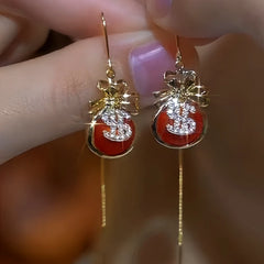 14K Gold Plated Diamond Lucky Bag Threader Earrings - elegant gold threader earrings