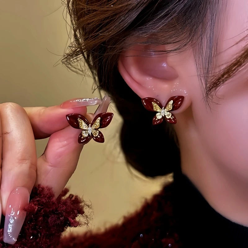 14K Gold Plated Diamond Oil Drop Butterfly Stud Earrings - elegant gold butterfly earrings