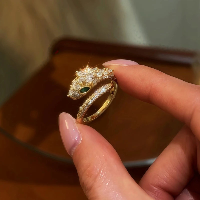 14K Gold Plated Diamond Snake-Shaped Open Rings worn on the hand to show its beautiful fit and design