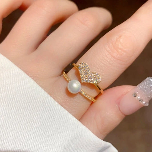 14K Gold Plated Double-Layer Zircon Heart Pearl Adjustable Rings - stunning gold heart ring