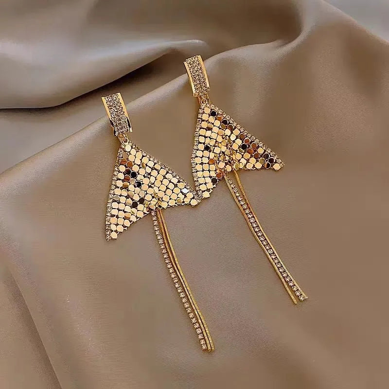 14K Gold Plated Geometric Diamond Tassel Earrings - elegant gold tassel earrings