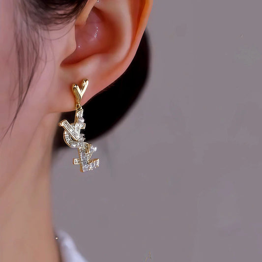 14K Gold Plated Heart Zircon Letter Pearl Earrings - elegant gold pearl earrings