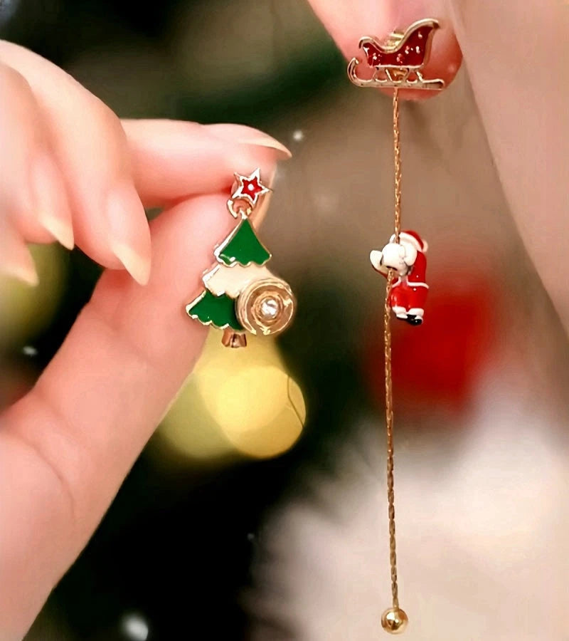 14K Gold Plated New 2025 Christmas Asymmetrical Rotating Snowflake Christmas Tree Earrings - elegant christmas earrings