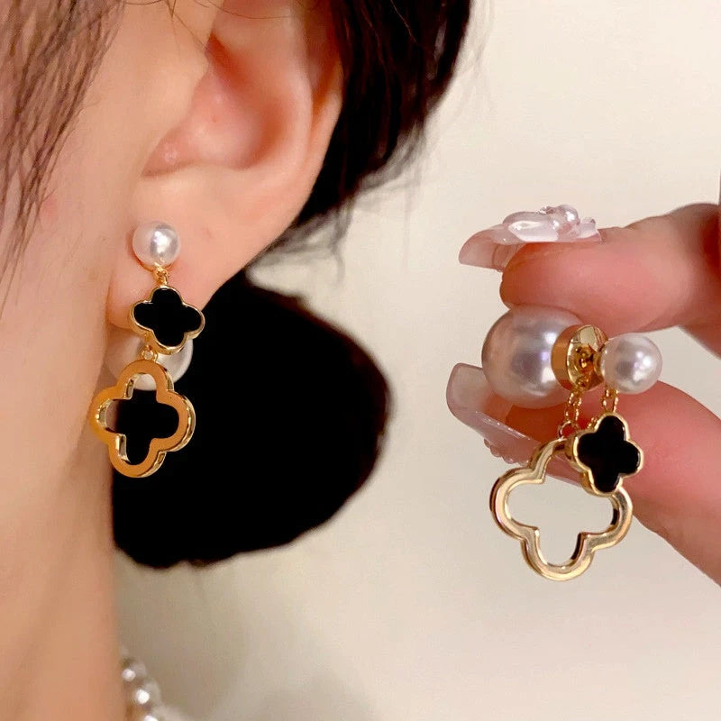 14K Gold Plated Pearl Four-Leaf Flower Front And Back Earrings - elegant gold flower earrings