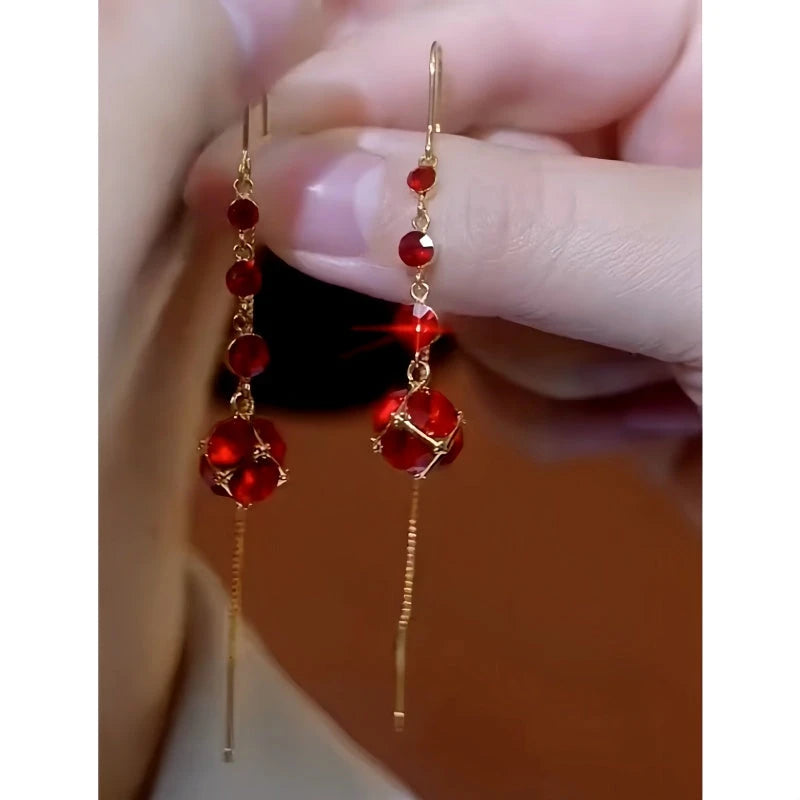 14K Gold Plated Red Crystal Tassel Threader Earrings - elegant gold threader earrings