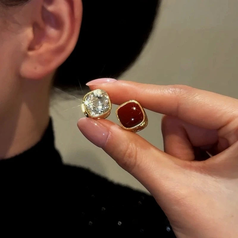 14K Gold Plated Red Oil Drop Zircon Cube Earrings - elegant red drop earrings