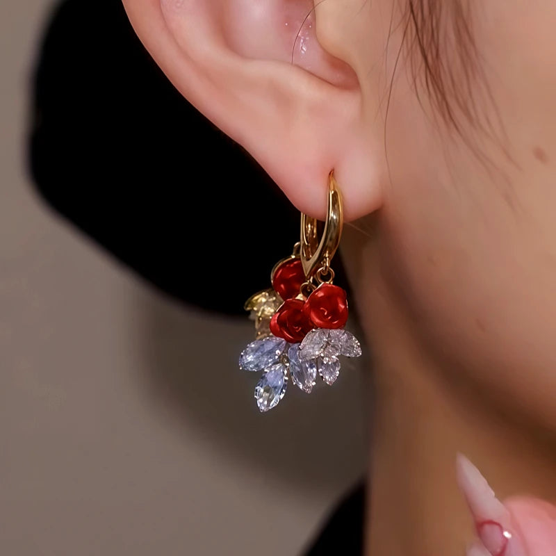 14K Gold Plated Red Rose Crystal Leaf Earrings - elegant red drop earrings