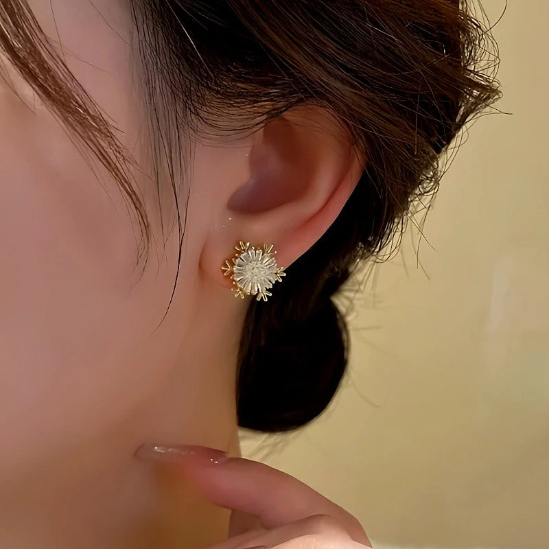 Close-up detail of the sparkling zircons and plating on the snowflake earrings