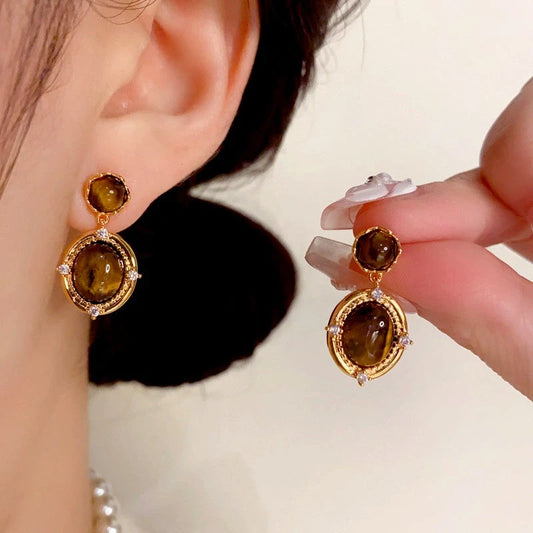 14K Gold Plated Tiger Eye Stone Oval Earrings - elegant gold drop earrings