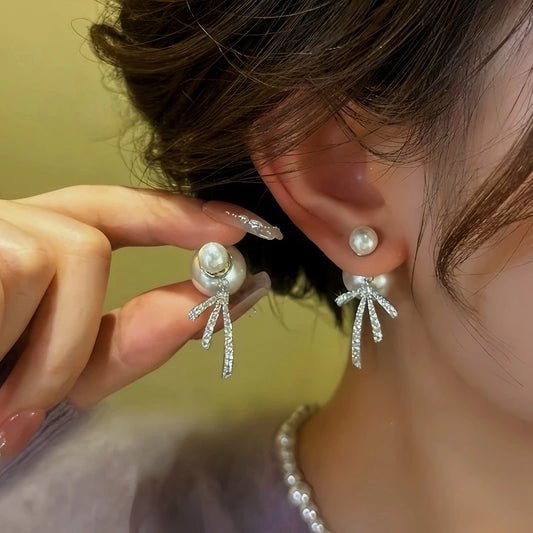 14K Gold Plated Zircon Bow Pearl Earrings - elegant gold pearl earrings