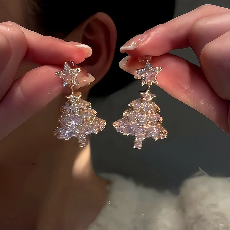 14K Gold Plated Zircon Christmas Tree Earrings - elegant christmas tree earrings