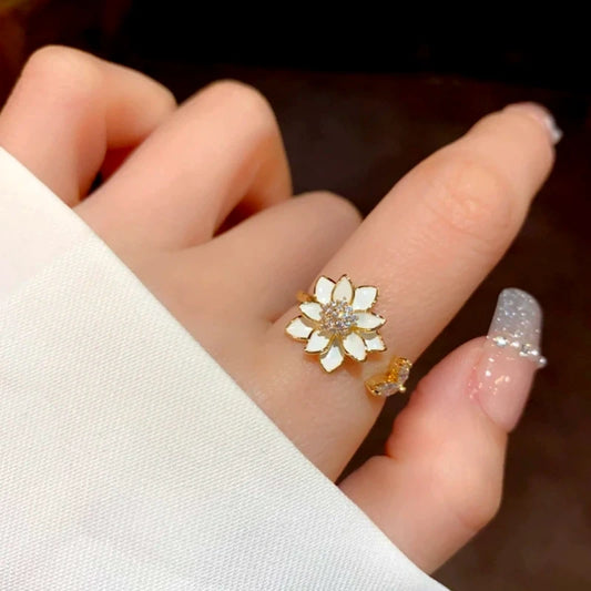 14K Gold Plated Zircon Flower Adjustable Rings worn on the hand to show its beautiful fit and design