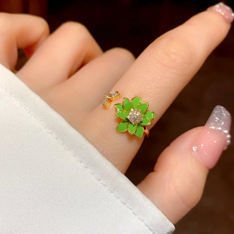 14K Gold Plated Zircon Flower Adjustable Rings - stunning gold flower ring