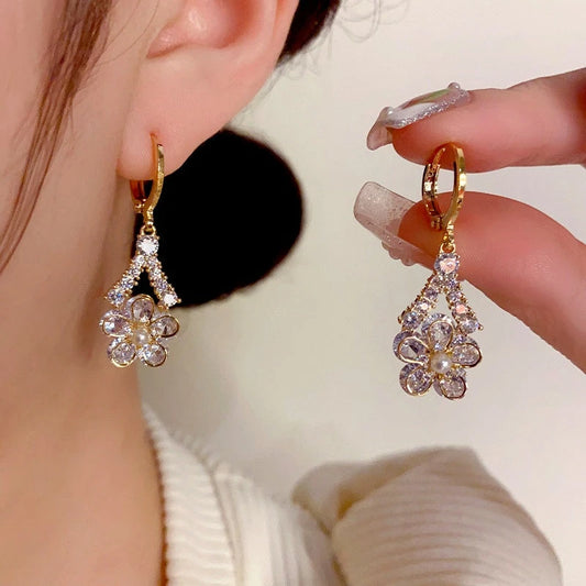 14K Gold Plated Zircon Flower Earrings - elegant gold flower earrings