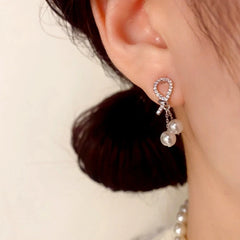 14K Gold Plated Zircon Knot Pearl Tassel Earrings - elegant gold pearl earrings