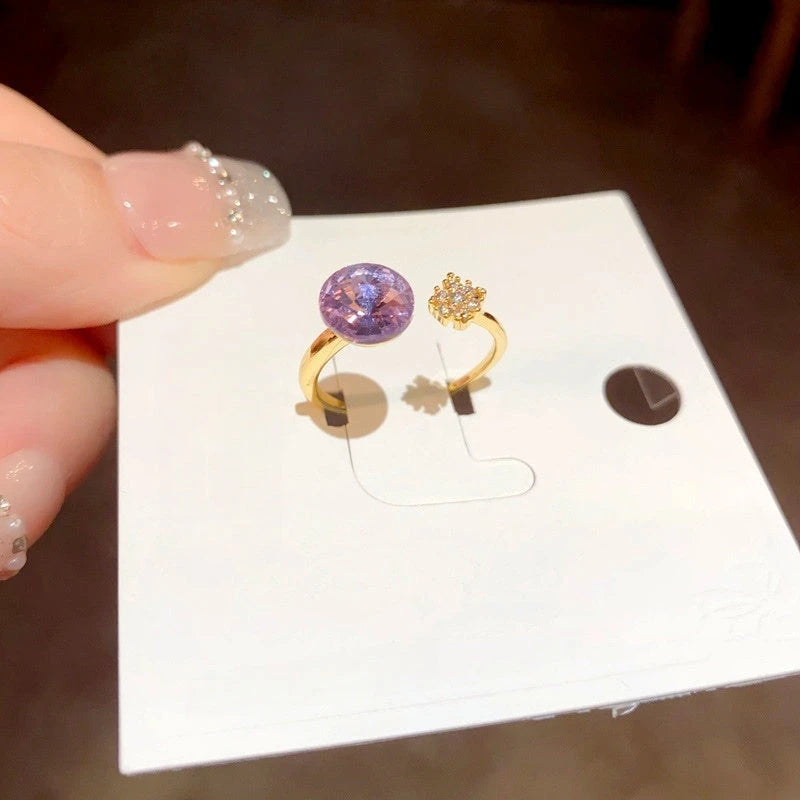 14K Gold Plated Zircon Purple Diamond Adjustable Rings worn on the hand to show its beautiful fit and design