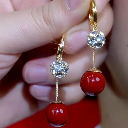 14K Gold Plated Zircon Red Bead Earrings - elegant red drop earrings