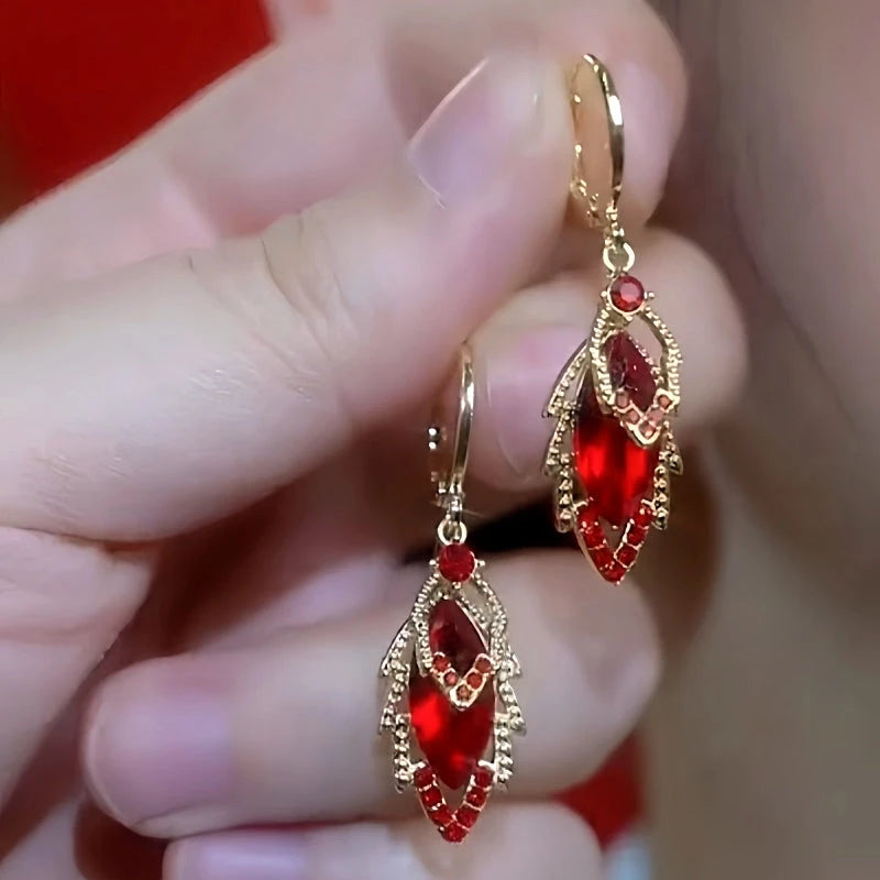 14K Gold Plated Zircon Red Diamond Lead Earrings - elegant red drop earrings