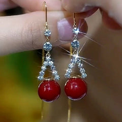 14K Gold Plated Zircon Red Pearl Threader Earrings - elegant gold threader earrings