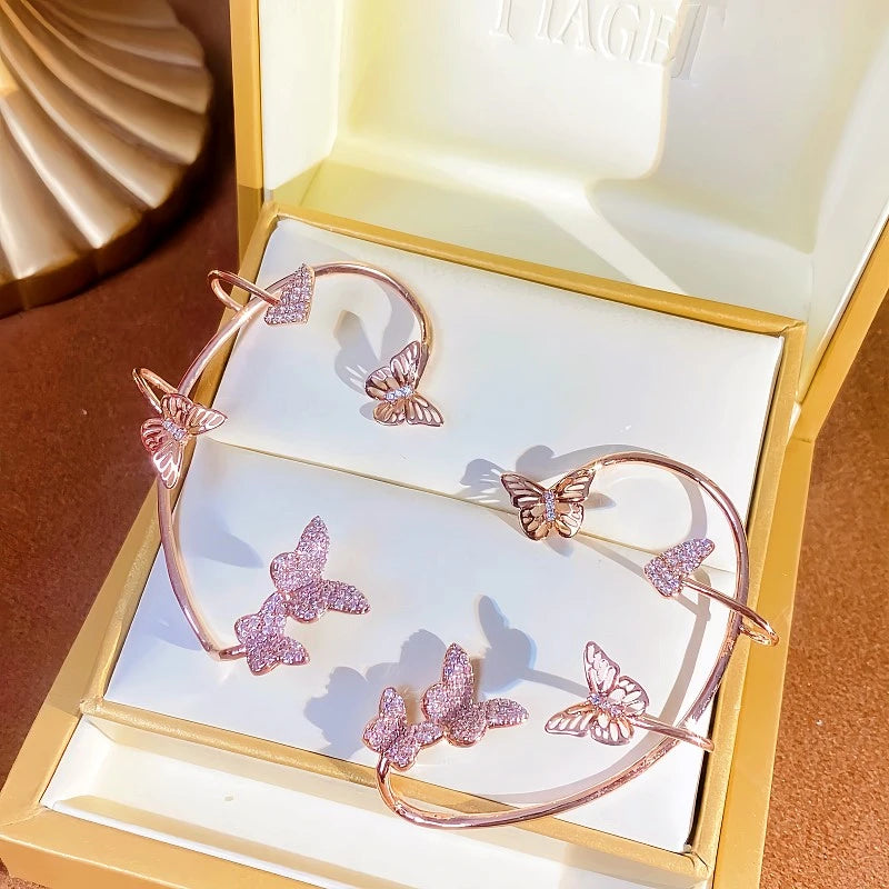 Women's Rose Gold Pink Crystal Butterfly Ear Cuff Set in Luxury Jewelry Box