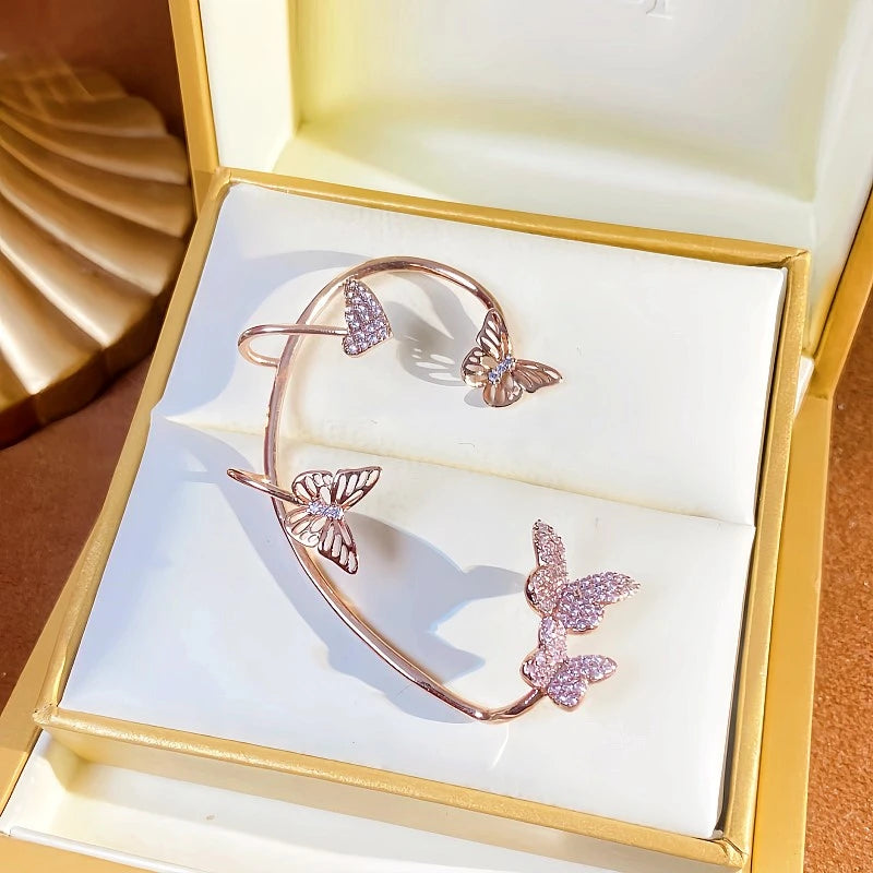 Women's Left Rose Gold Butterfly Ear Cuff with Pink Crystals in Jewelry Box
