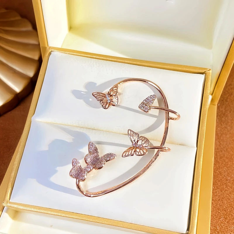 Women's Right Rose Gold Butterfly Ear Cuff with Pink Crystals in Jewelry Box