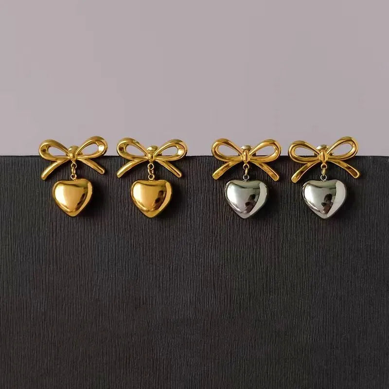 18K Gold-Plated Bow Heart Earrings - elegant Bow Heart Earrings