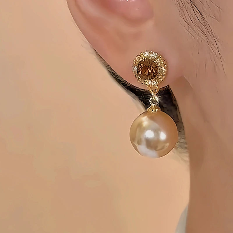 18K Gold-Plated Brown Diamond Pearl Earrings - elegant Pearl Earrings