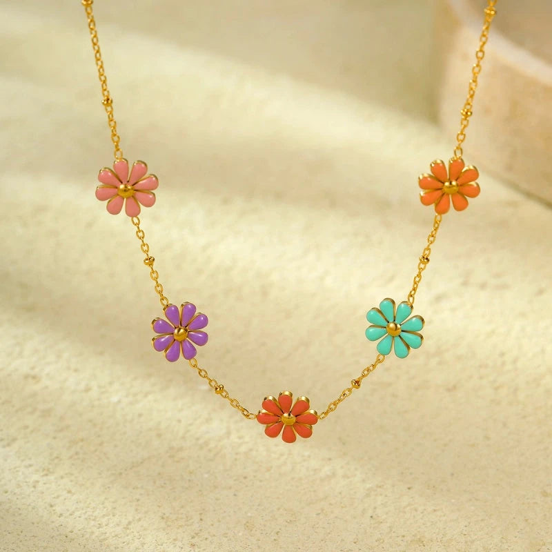 18K Gold-Plated Colorful Flower Necklace worn to showcase its length and pendant detail